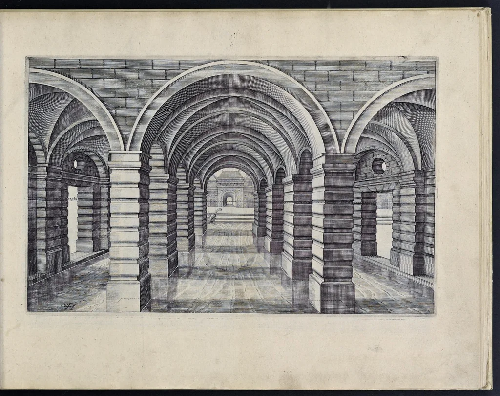 An illustration from Perspective, id est, Celeberrima ars inspicientis aut transpicientis oculorum aciei : in pariete, tabula aut tela depicta, in qua demonstrantur quaedam tam antiqua, quam nova aedificia, templorum, sive aedium, aularum, cubicularum, ambulaciorum, platearum, xystorum, hortorum, fororum, viarum et hujusmodi alia, quae nituntur suis fondamentalibus lineis, quorum fondamentum descriptionibus clare exsplicatur, perutilis ac necessaria, omnibus pictoribus, sculptoribus, statuariis, fabriferrariis, architectis, inventoribus, cæmentariis, scrinariis, fabrilignariis, & omnibus artium amatoribus, qui huic arti operam dare volent, majori cum voluptate, & minori cum labore, 1604, leaf 104