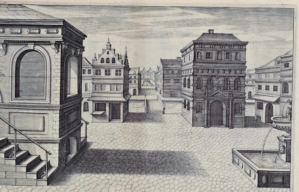 An illustration from Perspective, id est, Celeberrima ars inspicientis aut transpicientis oculorum aciei : in pariete, tabula aut tela depicta, in qua demonstrantur quaedam tam antiqua, quam nova aedificia, templorum, sive aedium, aularum, cubicularum, ambulaciorum, platearum, xystorum, hortorum, fororum, viarum et hujusmodi alia, quae nituntur suis fondamentalibus lineis, quorum fondamentum descriptionibus clare exsplicatur, perutilis ac necessaria, omnibus pictoribus, sculptoribus, statuariis, fabriferrariis, architectis, inventoribus, cæmentariis, scrinariis, fabrilignariis, & omnibus artium amatoribus, qui huic arti operam dare volent, majori cum voluptate, & minori cum labore, 1604, leaf 106