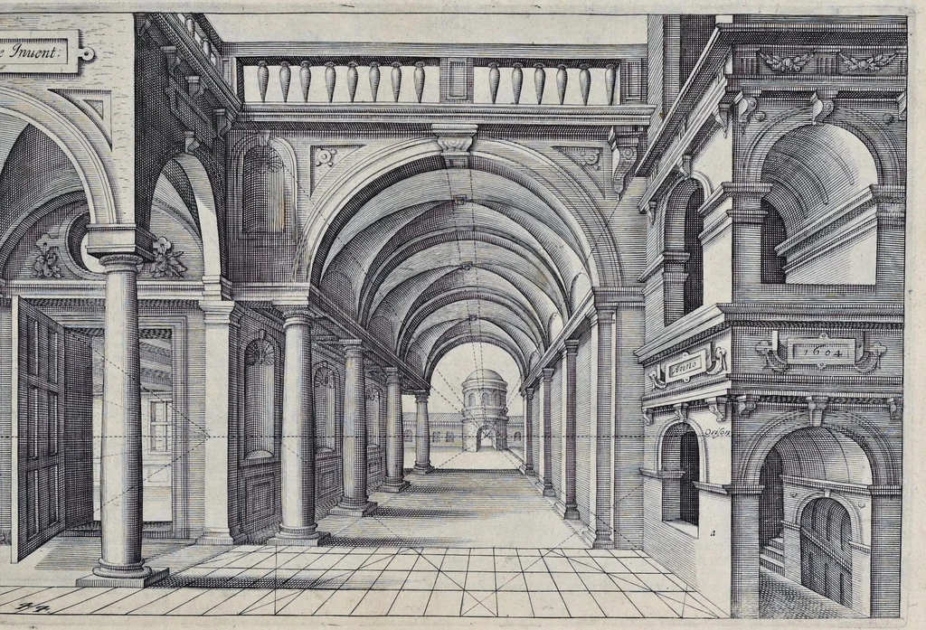 An illustration from Perspective, id est, Celeberrima ars inspicientis aut transpicientis oculorum aciei : in pariete, tabula aut tela depicta, in qua demonstrantur quaedam tam antiqua, quam nova aedificia, templorum, sive aedium, aularum, cubicularum, ambulaciorum, platearum, xystorum, hortorum, fororum, viarum et hujusmodi alia, quae nituntur suis fondamentalibus lineis, quorum fondamentum descriptionibus clare exsplicatur, perutilis ac necessaria, omnibus pictoribus, sculptoribus, statuariis, fabriferrariis, architectis, inventoribus, cæmentariis, scrinariis, fabrilignariis, & omnibus artium amatoribus, qui huic arti operam dare volent, majori cum voluptate, & minori cum labore, 1604, leaf 110