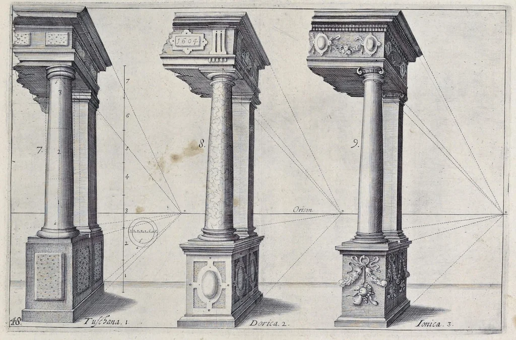 An illustration from Perspective, id est, Celeberrima ars inspicientis aut transpicientis oculorum aciei : in pariete, tabula aut tela depicta, in qua demonstrantur quaedam tam antiqua, quam nova aedificia, templorum, sive aedium, aularum, cubicularum, ambulaciorum, platearum, xystorum, hortorum, fororum, viarum et hujusmodi alia, quae nituntur suis fondamentalibus lineis, quorum fondamentum descriptionibus clare exsplicatur, perutilis ac necessaria, omnibus pictoribus, sculptoribus, statuariis, fabriferrariis, architectis, inventoribus, cæmentariis, scrinariis, fabrilignariis, & omnibus artium amatoribus, qui huic arti operam dare volent, majori cum voluptate, & minori cum labore, 1604, leaf 118