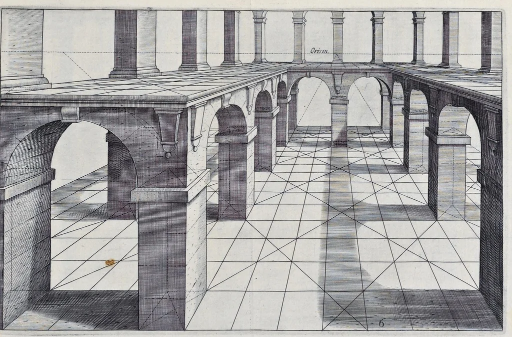 An illustration from Perspective, id est, Celeberrima ars inspicientis aut transpicientis oculorum aciei : in pariete, tabula aut tela depicta, in qua demonstrantur quaedam tam antiqua, quam nova aedificia, templorum, sive aedium, aularum, cubicularum, ambulaciorum, platearum, xystorum, hortorum, fororum, viarum et hujusmodi alia, quae nituntur suis fondamentalibus lineis, quorum fondamentum descriptionibus clare exsplicatur, perutilis ac necessaria, omnibus pictoribus, sculptoribus, statuariis, fabriferrariis, architectis, inventoribus, cæmentariis, scrinariis, fabrilignariis, & omnibus artium amatoribus, qui huic arti operam dare volent, majori cum voluptate, & minori cum labore, 1604, leaf 140