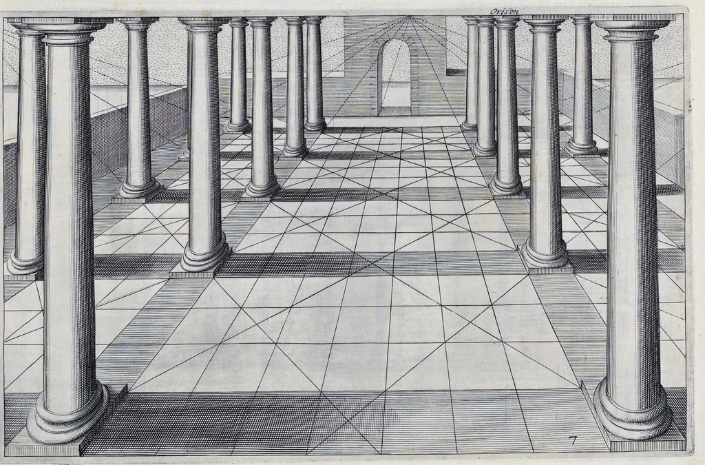 An illustration from Perspective, id est, Celeberrima ars inspicientis aut transpicientis oculorum aciei : in pariete, tabula aut tela depicta, in qua demonstrantur quaedam tam antiqua, quam nova aedificia, templorum, sive aedium, aularum, cubicularum, ambulaciorum, platearum, xystorum, hortorum, fororum, viarum et hujusmodi alia, quae nituntur suis fondamentalibus lineis, quorum fondamentum descriptionibus clare exsplicatur, perutilis ac necessaria, omnibus pictoribus, sculptoribus, statuariis, fabriferrariis, architectis, inventoribus, cæmentariis, scrinariis, fabrilignariis, & omnibus artium amatoribus, qui huic arti operam dare volent, majori cum voluptate, & minori cum labore, 1604, leaf 142