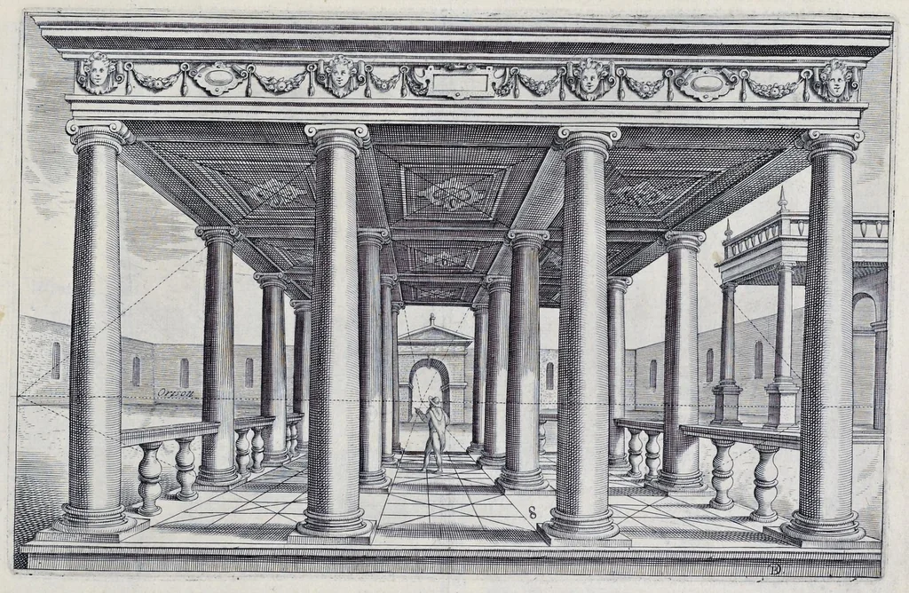 An illustration from Perspective, id est, Celeberrima ars inspicientis aut transpicientis oculorum aciei : in pariete, tabula aut tela depicta, in qua demonstrantur quaedam tam antiqua, quam nova aedificia, templorum, sive aedium, aularum, cubicularum, ambulaciorum, platearum, xystorum, hortorum, fororum, viarum et hujusmodi alia, quae nituntur suis fondamentalibus lineis, quorum fondamentum descriptionibus clare exsplicatur, perutilis ac necessaria, omnibus pictoribus, sculptoribus, statuariis, fabriferrariis, architectis, inventoribus, cæmentariis, scrinariis, fabrilignariis, & omnibus artium amatoribus, qui huic arti operam dare volent, majori cum voluptate, & minori cum labore, 1604, leaf 144