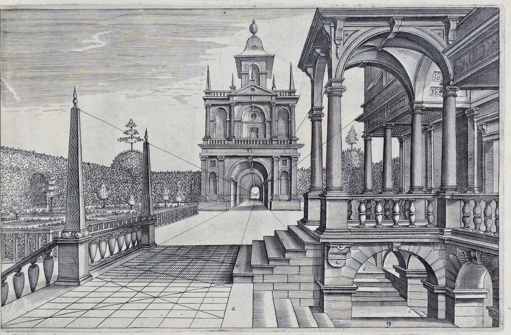 An illustration from Perspective, id est, Celeberrima ars inspicientis aut transpicientis oculorum aciei : in pariete, tabula aut tela depicta, in qua demonstrantur quaedam tam antiqua, quam nova aedificia, templorum, sive aedium, aularum, cubicularum, ambulaciorum, platearum, xystorum, hortorum, fororum, viarum et hujusmodi alia, quae nituntur suis fondamentalibus lineis, quorum fondamentum descriptionibus clare exsplicatur, perutilis ac necessaria, omnibus pictoribus, sculptoribus, statuariis, fabriferrariis, architectis, inventoribus, cæmentariis, scrinariis, fabrilignariis, & omnibus artium amatoribus, qui huic arti operam dare volent, majori cum voluptate, & minori cum labore, 1604, leaf 146