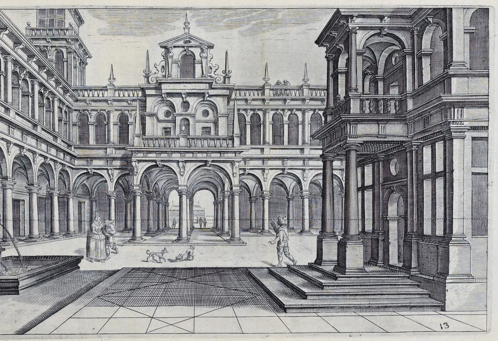 An illustration from Perspective, id est, Celeberrima ars inspicientis aut transpicientis oculorum aciei : in pariete, tabula aut tela depicta, in qua demonstrantur quaedam tam antiqua, quam nova aedificia, templorum, sive aedium, aularum, cubicularum, ambulaciorum, platearum, xystorum, hortorum, fororum, viarum et hujusmodi alia, quae nituntur suis fondamentalibus lineis, quorum fondamentum descriptionibus clare exsplicatur, perutilis ac necessaria, omnibus pictoribus, sculptoribus, statuariis, fabriferrariis, architectis, inventoribus, cæmentariis, scrinariis, fabrilignariis, & omnibus artium amatoribus, qui huic arti operam dare volent, majori cum voluptate, & minori cum labore, 1604, leaf 154