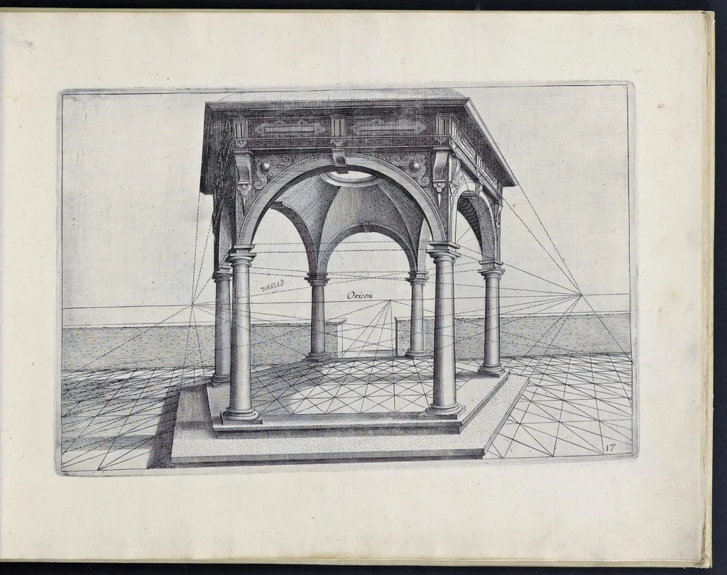 An illustration from Perspective, id est, Celeberrima ars inspicientis aut transpicientis oculorum aciei : in pariete, tabula aut tela depicta, in qua demonstrantur quaedam tam antiqua, quam nova aedificia, templorum, sive aedium, aularum, cubicularum, ambulaciorum, platearum, xystorum, hortorum, fororum, viarum et hujusmodi alia, quae nituntur suis fondamentalibus lineis, quorum fondamentum descriptionibus clare exsplicatur, perutilis ac necessaria, omnibus pictoribus, sculptoribus, statuariis, fabriferrariis, architectis, inventoribus, cæmentariis, scrinariis, fabrilignariis, & omnibus artium amatoribus, qui huic arti operam dare volent, majori cum voluptate, & minori cum labore, 1604, leaf 162
