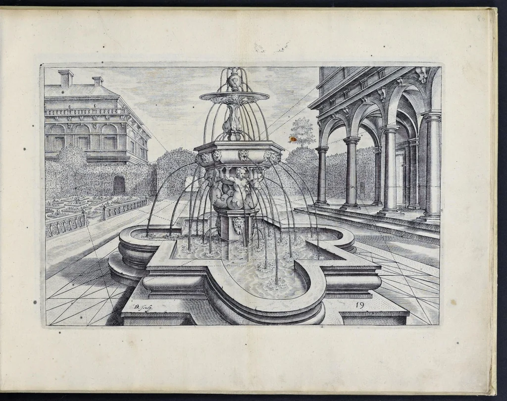 An illustration from Perspective, id est, Celeberrima ars inspicientis aut transpicientis oculorum aciei : in pariete, tabula aut tela depicta, in qua demonstrantur quaedam tam antiqua, quam nova aedificia, templorum, sive aedium, aularum, cubicularum, ambulaciorum, platearum, xystorum, hortorum, fororum, viarum et hujusmodi alia, quae nituntur suis fondamentalibus lineis, quorum fondamentum descriptionibus clare exsplicatur, perutilis ac necessaria, omnibus pictoribus, sculptoribus, statuariis, fabriferrariis, architectis, inventoribus, cæmentariis, scrinariis, fabrilignariis, & omnibus artium amatoribus, qui huic arti operam dare volent, majori cum voluptate, & minori cum labore, 1604, leaf 166