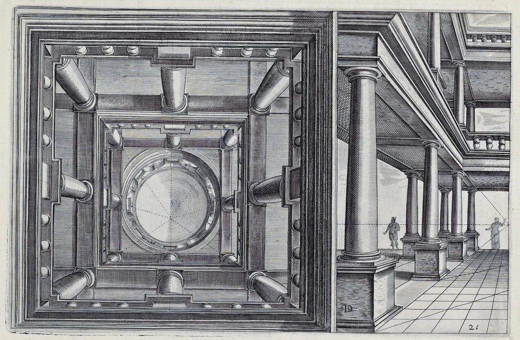 An illustration from Perspective, id est, Celeberrima ars inspicientis aut transpicientis oculorum aciei : in pariete, tabula aut tela depicta, in qua demonstrantur quaedam tam antiqua, quam nova aedificia, templorum, sive aedium, aularum, cubicularum, ambulaciorum, platearum, xystorum, hortorum, fororum, viarum et hujusmodi alia, quae nituntur suis fondamentalibus lineis, quorum fondamentum descriptionibus clare exsplicatur, perutilis ac necessaria, omnibus pictoribus, sculptoribus, statuariis, fabriferrariis, architectis, inventoribus, cæmentariis, scrinariis, fabrilignariis, & omnibus artium amatoribus, qui huic arti operam dare volent, majori cum voluptate, & minori cum labore, 1604, leaf 170
