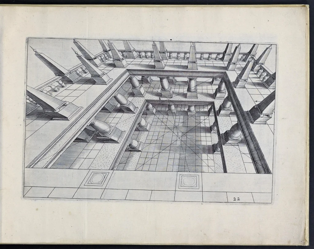 An illustration from Perspective, id est, Celeberrima ars inspicientis aut transpicientis oculorum aciei : in pariete, tabula aut tela depicta, in qua demonstrantur quaedam tam antiqua, quam nova aedificia, templorum, sive aedium, aularum, cubicularum, ambulaciorum, platearum, xystorum, hortorum, fororum, viarum et hujusmodi alia, quae nituntur suis fondamentalibus lineis, quorum fondamentum descriptionibus clare exsplicatur, perutilis ac necessaria, omnibus pictoribus, sculptoribus, statuariis, fabriferrariis, architectis, inventoribus, cæmentariis, scrinariis, fabrilignariis, & omnibus artium amatoribus, qui huic arti operam dare volent, majori cum voluptate, & minori cum labore, 1604, leaf 172