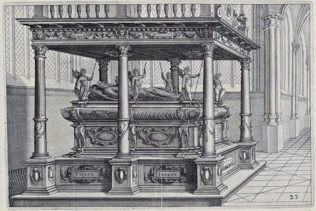 An illustration from Perspective, id est, Celeberrima ars inspicientis aut transpicientis oculorum aciei : in pariete, tabula aut tela depicta, in qua demonstrantur quaedam tam antiqua, quam nova aedificia, templorum, sive aedium, aularum, cubicularum, ambulaciorum, platearum, xystorum, hortorum, fororum, viarum et hujusmodi alia, quae nituntur suis fondamentalibus lineis, quorum fondamentum descriptionibus clare exsplicatur, perutilis ac necessaria, omnibus pictoribus, sculptoribus, statuariis, fabriferrariis, architectis, inventoribus, cæmentariis, scrinariis, fabrilignariis, & omnibus artium amatoribus, qui huic arti operam dare volent, majori cum voluptate, & minori cum labore, 1604, leaf 174