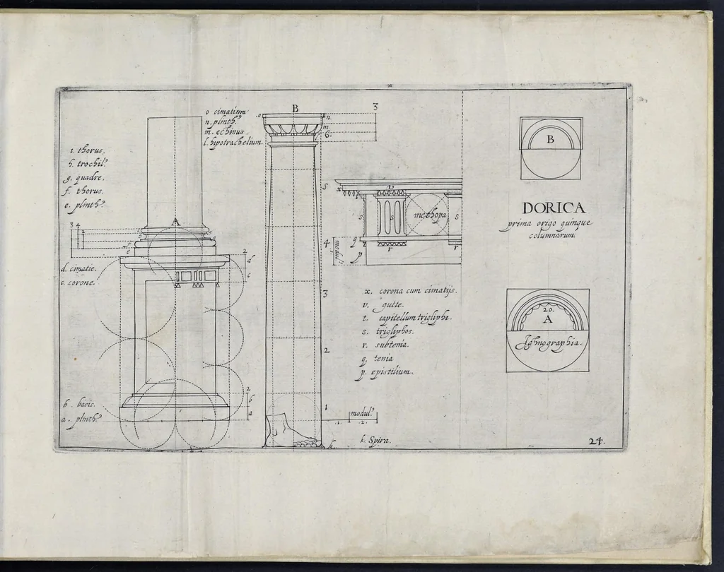 An illustration from Perspective, id est, Celeberrima ars inspicientis aut transpicientis oculorum aciei : in pariete, tabula aut tela depicta, in qua demonstrantur quaedam tam antiqua, quam nova aedificia, templorum, sive aedium, aularum, cubicularum, ambulaciorum, platearum, xystorum, hortorum, fororum, viarum et hujusmodi alia, quae nituntur suis fondamentalibus lineis, quorum fondamentum descriptionibus clare exsplicatur, perutilis ac necessaria, omnibus pictoribus, sculptoribus, statuariis, fabriferrariis, architectis, inventoribus, cæmentariis, scrinariis, fabrilignariis, & omnibus artium amatoribus, qui huic arti operam dare volent, majori cum voluptate, & minori cum labore, 1604, leaf 176