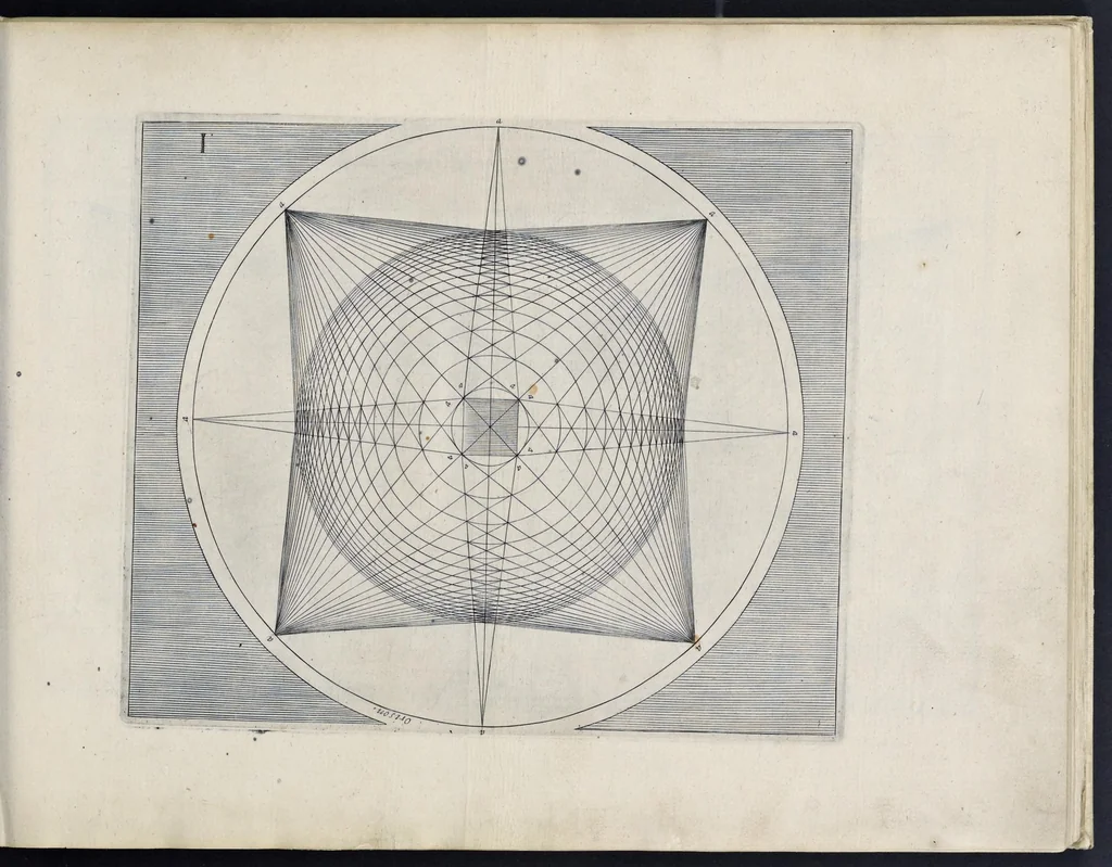 An illustration from Perspective, id est, Celeberrima ars inspicientis aut transpicientis oculorum aciei : in pariete, tabula aut tela depicta, in qua demonstrantur quaedam tam antiqua, quam nova aedificia, templorum, sive aedium, aularum, cubicularum, ambulaciorum, platearum, xystorum, hortorum, fororum, viarum et hujusmodi alia, quae nituntur suis fondamentalibus lineis, quorum fondamentum descriptionibus clare exsplicatur, perutilis ac necessaria, omnibus pictoribus, sculptoribus, statuariis, fabriferrariis, architectis, inventoribus, cæmentariis, scrinariis, fabrilignariis, & omnibus artium amatoribus, qui huic arti operam dare volent, majori cum voluptate, & minori cum labore, 1604, leaf 26