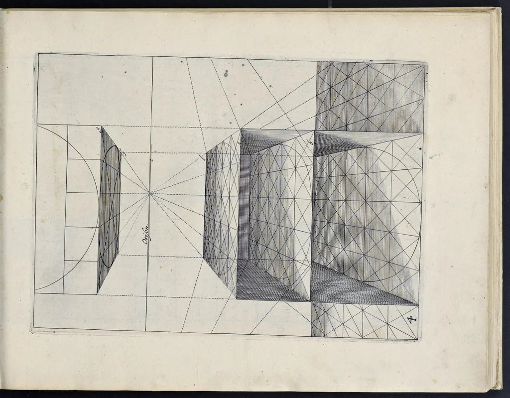 An illustration from Perspective, id est, Celeberrima ars inspicientis aut transpicientis oculorum aciei : in pariete, tabula aut tela depicta, in qua demonstrantur quaedam tam antiqua, quam nova aedificia, templorum, sive aedium, aularum, cubicularum, ambulaciorum, platearum, xystorum, hortorum, fororum, viarum et hujusmodi alia, quae nituntur suis fondamentalibus lineis, quorum fondamentum descriptionibus clare exsplicatur, perutilis ac necessaria, omnibus pictoribus, sculptoribus, statuariis, fabriferrariis, architectis, inventoribus, cæmentariis, scrinariis, fabrilignariis, & omnibus artium amatoribus, qui huic arti operam dare volent, majori cum voluptate, & minori cum labore, 1604, leaf 32