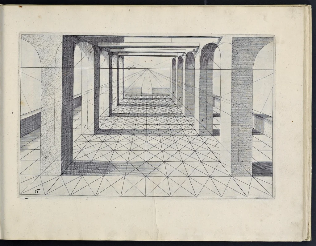 An illustration from Perspective, id est, Celeberrima ars inspicientis aut transpicientis oculorum aciei : in pariete, tabula aut tela depicta, in qua demonstrantur quaedam tam antiqua, quam nova aedificia, templorum, sive aedium, aularum, cubicularum, ambulaciorum, platearum, xystorum, hortorum, fororum, viarum et hujusmodi alia, quae nituntur suis fondamentalibus lineis, quorum fondamentum descriptionibus clare exsplicatur, perutilis ac necessaria, omnibus pictoribus, sculptoribus, statuariis, fabriferrariis, architectis, inventoribus, cæmentariis, scrinariis, fabrilignariis, & omnibus artium amatoribus, qui huic arti operam dare volent, majori cum voluptate, & minori cum labore, 1604, leaf 36