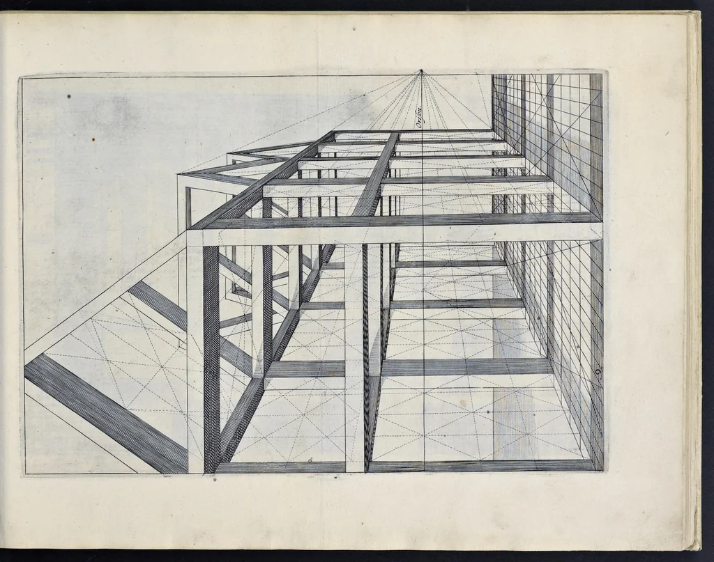 An illustration from Perspective, id est, Celeberrima ars inspicientis aut transpicientis oculorum aciei : in pariete, tabula aut tela depicta, in qua demonstrantur quaedam tam antiqua, quam nova aedificia, templorum, sive aedium, aularum, cubicularum, ambulaciorum, platearum, xystorum, hortorum, fororum, viarum et hujusmodi alia, quae nituntur suis fondamentalibus lineis, quorum fondamentum descriptionibus clare exsplicatur, perutilis ac necessaria, omnibus pictoribus, sculptoribus, statuariis, fabriferrariis, architectis, inventoribus, cæmentariis, scrinariis, fabrilignariis, & omnibus artium amatoribus, qui huic arti operam dare volent, majori cum voluptate, & minori cum labore, 1604, leaf 42