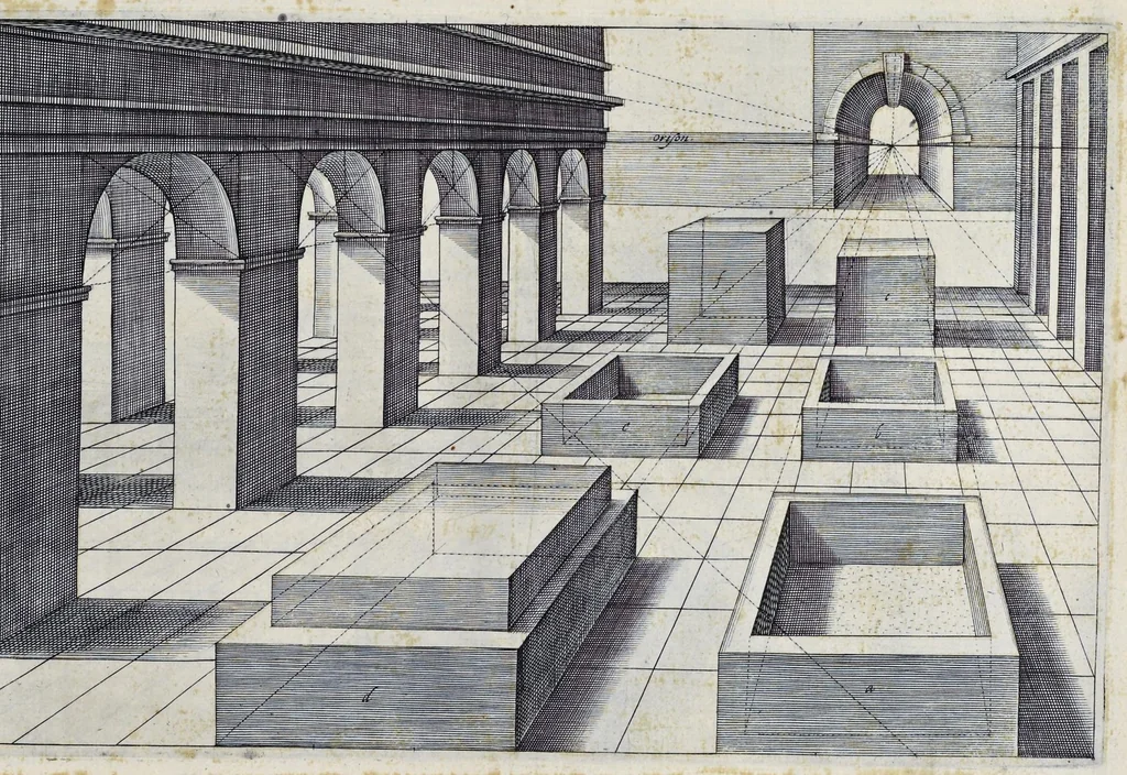 An illustration from Perspective, id est, Celeberrima ars inspicientis aut transpicientis oculorum aciei : in pariete, tabula aut tela depicta, in qua demonstrantur quaedam tam antiqua, quam nova aedificia, templorum, sive aedium, aularum, cubicularum, ambulaciorum, platearum, xystorum, hortorum, fororum, viarum et hujusmodi alia, quae nituntur suis fondamentalibus lineis, quorum fondamentum descriptionibus clare exsplicatur, perutilis ac necessaria, omnibus pictoribus, sculptoribus, statuariis, fabriferrariis, architectis, inventoribus, cæmentariis, scrinariis, fabrilignariis, & omnibus artium amatoribus, qui huic arti operam dare volent, majori cum voluptate, & minori cum labore, 1604, leaf 44