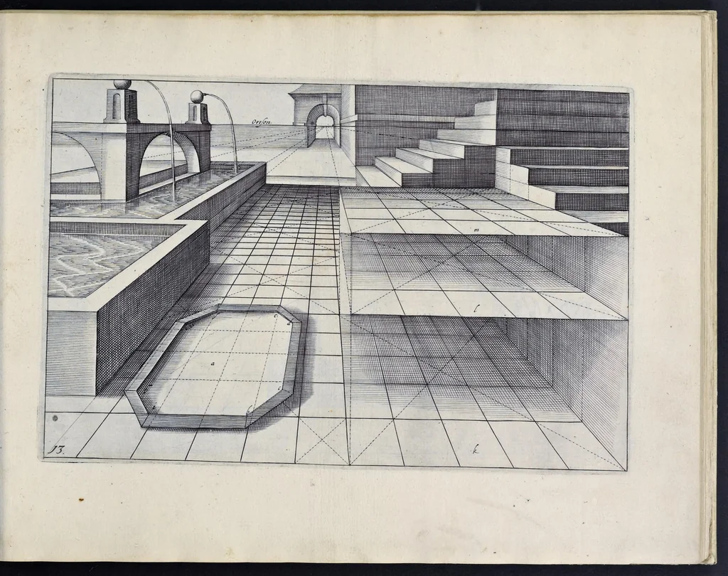 An illustration from Perspective, id est, Celeberrima ars inspicientis aut transpicientis oculorum aciei : in pariete, tabula aut tela depicta, in qua demonstrantur quaedam tam antiqua, quam nova aedificia, templorum, sive aedium, aularum, cubicularum, ambulaciorum, platearum, xystorum, hortorum, fororum, viarum et hujusmodi alia, quae nituntur suis fondamentalibus lineis, quorum fondamentum descriptionibus clare exsplicatur, perutilis ac necessaria, omnibus pictoribus, sculptoribus, statuariis, fabriferrariis, architectis, inventoribus, cæmentariis, scrinariis, fabrilignariis, & omnibus artium amatoribus, qui huic arti operam dare volent, majori cum voluptate, & minori cum labore, 1604, leaf 50