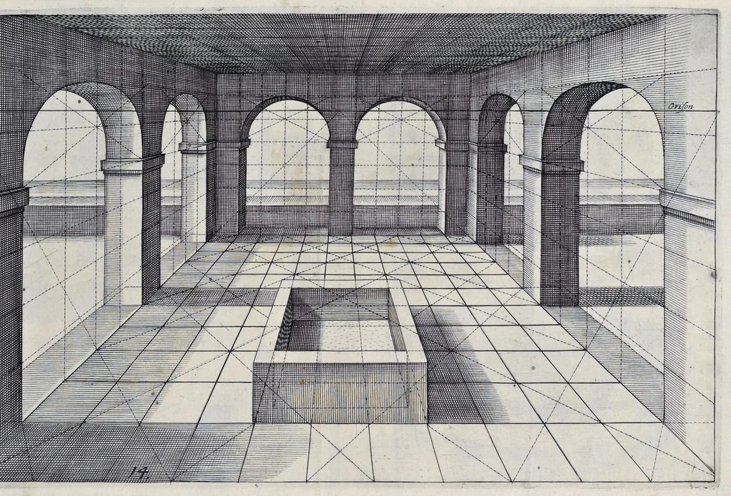 An illustration from Perspective, id est, Celeberrima ars inspicientis aut transpicientis oculorum aciei : in pariete, tabula aut tela depicta, in qua demonstrantur quaedam tam antiqua, quam nova aedificia, templorum, sive aedium, aularum, cubicularum, ambulaciorum, platearum, xystorum, hortorum, fororum, viarum et hujusmodi alia, quae nituntur suis fondamentalibus lineis, quorum fondamentum descriptionibus clare exsplicatur, perutilis ac necessaria, omnibus pictoribus, sculptoribus, statuariis, fabriferrariis, architectis, inventoribus, cæmentariis, scrinariis, fabrilignariis, & omnibus artium amatoribus, qui huic arti operam dare volent, majori cum voluptate, & minori cum labore, 1604, leaf 52