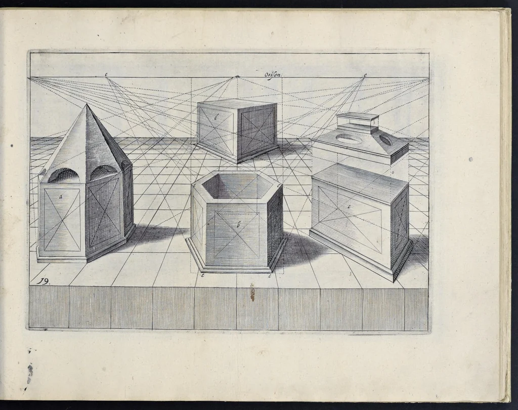 An illustration from Perspective, id est, Celeberrima ars inspicientis aut transpicientis oculorum aciei : in pariete, tabula aut tela depicta, in qua demonstrantur quaedam tam antiqua, quam nova aedificia, templorum, sive aedium, aularum, cubicularum, ambulaciorum, platearum, xystorum, hortorum, fororum, viarum et hujusmodi alia, quae nituntur suis fondamentalibus lineis, quorum fondamentum descriptionibus clare exsplicatur, perutilis ac necessaria, omnibus pictoribus, sculptoribus, statuariis, fabriferrariis, architectis, inventoribus, cæmentariis, scrinariis, fabrilignariis, & omnibus artium amatoribus, qui huic arti operam dare volent, majori cum voluptate, & minori cum labore, 1604, leaf 62