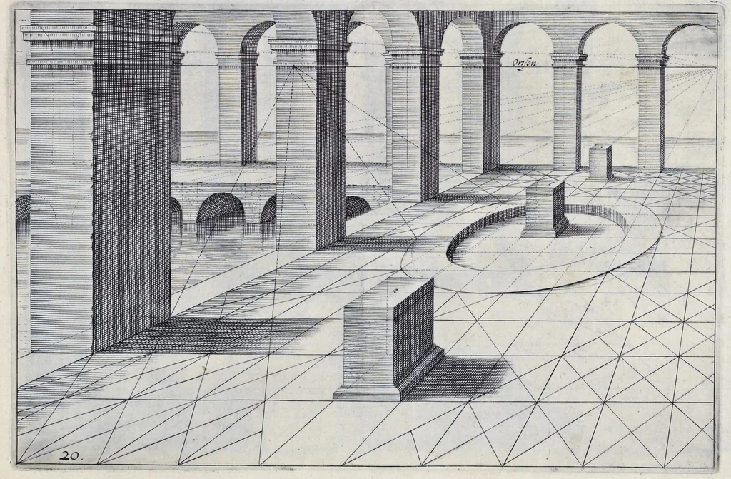 An illustration from Perspective, id est, Celeberrima ars inspicientis aut transpicientis oculorum aciei : in pariete, tabula aut tela depicta, in qua demonstrantur quaedam tam antiqua, quam nova aedificia, templorum, sive aedium, aularum, cubicularum, ambulaciorum, platearum, xystorum, hortorum, fororum, viarum et hujusmodi alia, quae nituntur suis fondamentalibus lineis, quorum fondamentum descriptionibus clare exsplicatur, perutilis ac necessaria, omnibus pictoribus, sculptoribus, statuariis, fabriferrariis, architectis, inventoribus, cæmentariis, scrinariis, fabrilignariis, & omnibus artium amatoribus, qui huic arti operam dare volent, majori cum voluptate, & minori cum labore, 1604, leaf 64