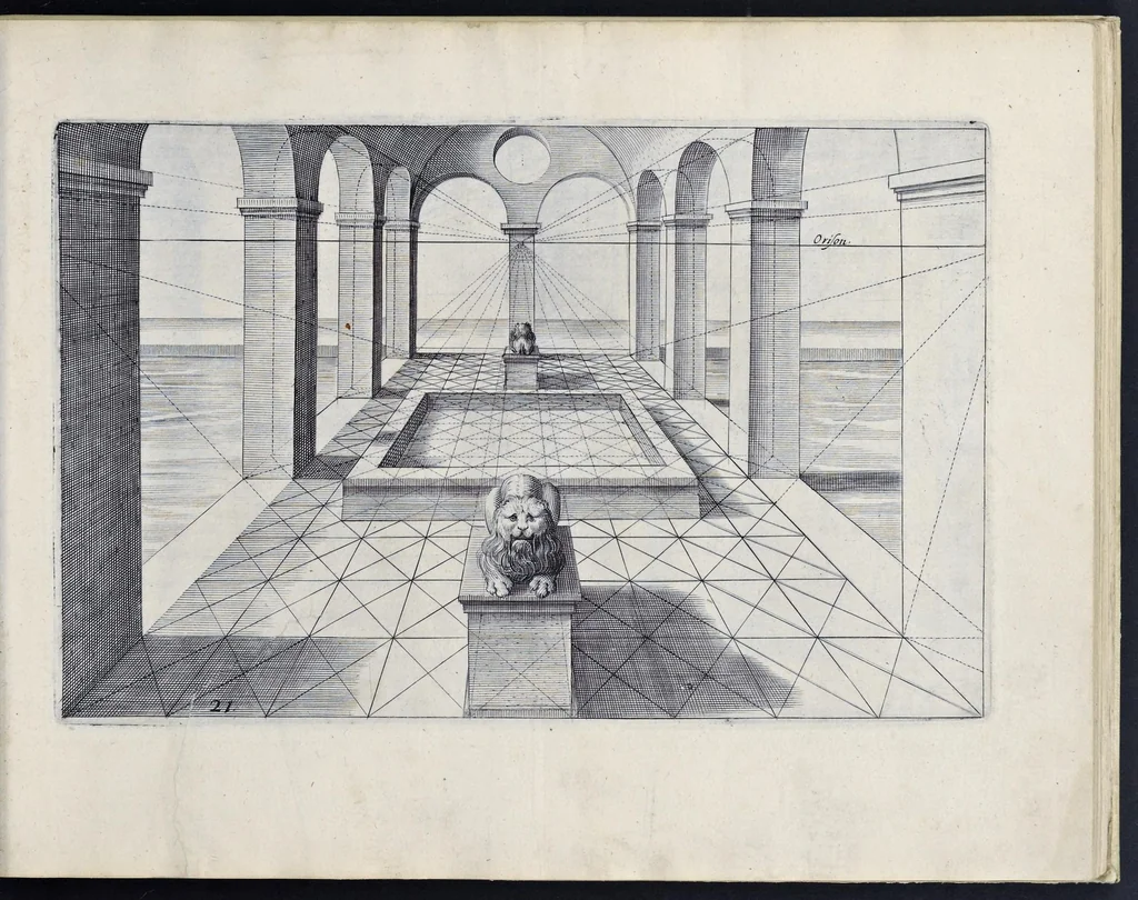 An illustration from Perspective, id est, Celeberrima ars inspicientis aut transpicientis oculorum aciei : in pariete, tabula aut tela depicta, in qua demonstrantur quaedam tam antiqua, quam nova aedificia, templorum, sive aedium, aularum, cubicularum, ambulaciorum, platearum, xystorum, hortorum, fororum, viarum et hujusmodi alia, quae nituntur suis fondamentalibus lineis, quorum fondamentum descriptionibus clare exsplicatur, perutilis ac necessaria, omnibus pictoribus, sculptoribus, statuariis, fabriferrariis, architectis, inventoribus, cæmentariis, scrinariis, fabrilignariis, & omnibus artium amatoribus, qui huic arti operam dare volent, majori cum voluptate, & minori cum labore, 1604, leaf 66