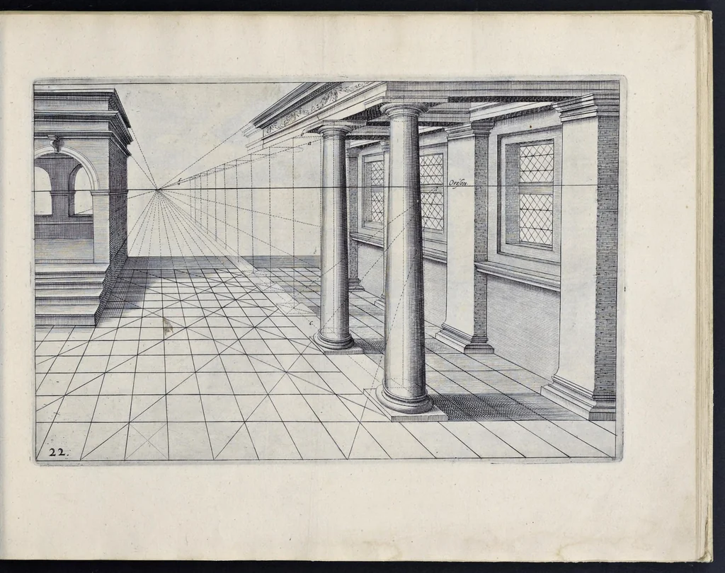 An illustration from Perspective, id est, Celeberrima ars inspicientis aut transpicientis oculorum aciei : in pariete, tabula aut tela depicta, in qua demonstrantur quaedam tam antiqua, quam nova aedificia, templorum, sive aedium, aularum, cubicularum, ambulaciorum, platearum, xystorum, hortorum, fororum, viarum et hujusmodi alia, quae nituntur suis fondamentalibus lineis, quorum fondamentum descriptionibus clare exsplicatur, perutilis ac necessaria, omnibus pictoribus, sculptoribus, statuariis, fabriferrariis, architectis, inventoribus, cæmentariis, scrinariis, fabrilignariis, & omnibus artium amatoribus, qui huic arti operam dare volent, majori cum voluptate, & minori cum labore, 1604, leaf 68