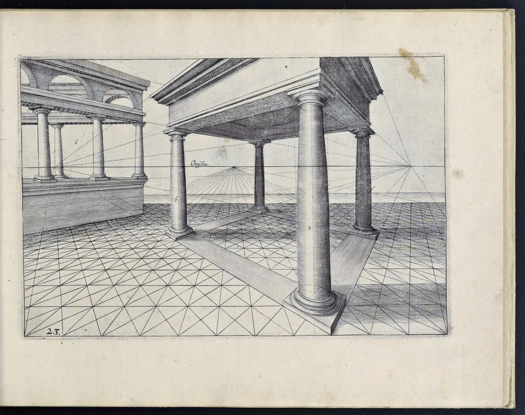An illustration from Perspective, id est, Celeberrima ars inspicientis aut transpicientis oculorum aciei : in pariete, tabula aut tela depicta, in qua demonstrantur quaedam tam antiqua, quam nova aedificia, templorum, sive aedium, aularum, cubicularum, ambulaciorum, platearum, xystorum, hortorum, fororum, viarum et hujusmodi alia, quae nituntur suis fondamentalibus lineis, quorum fondamentum descriptionibus clare exsplicatur, perutilis ac necessaria, omnibus pictoribus, sculptoribus, statuariis, fabriferrariis, architectis, inventoribus, cæmentariis, scrinariis, fabrilignariis, & omnibus artium amatoribus, qui huic arti operam dare volent, majori cum voluptate, & minori cum labore, 1604, leaf 70