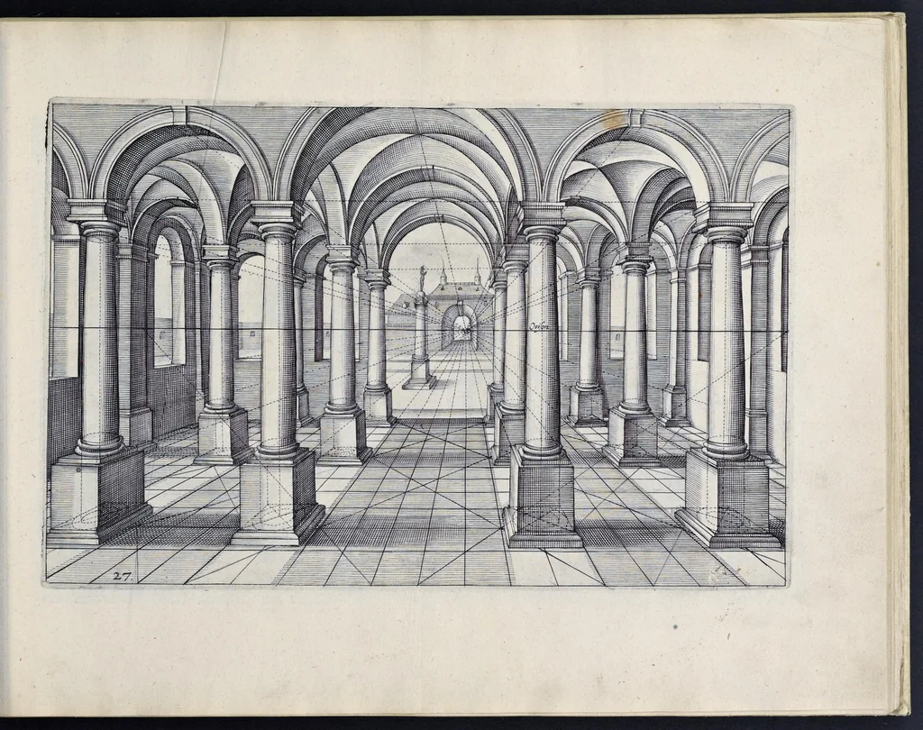 An illustration from Perspective, id est, Celeberrima ars inspicientis aut transpicientis oculorum aciei : in pariete, tabula aut tela depicta, in qua demonstrantur quaedam tam antiqua, quam nova aedificia, templorum, sive aedium, aularum, cubicularum, ambulaciorum, platearum, xystorum, hortorum, fororum, viarum et hujusmodi alia, quae nituntur suis fondamentalibus lineis, quorum fondamentum descriptionibus clare exsplicatur, perutilis ac necessaria, omnibus pictoribus, sculptoribus, statuariis, fabriferrariis, architectis, inventoribus, cæmentariis, scrinariis, fabrilignariis, & omnibus artium amatoribus, qui huic arti operam dare volent, majori cum voluptate, & minori cum labore, 1604, leaf 78