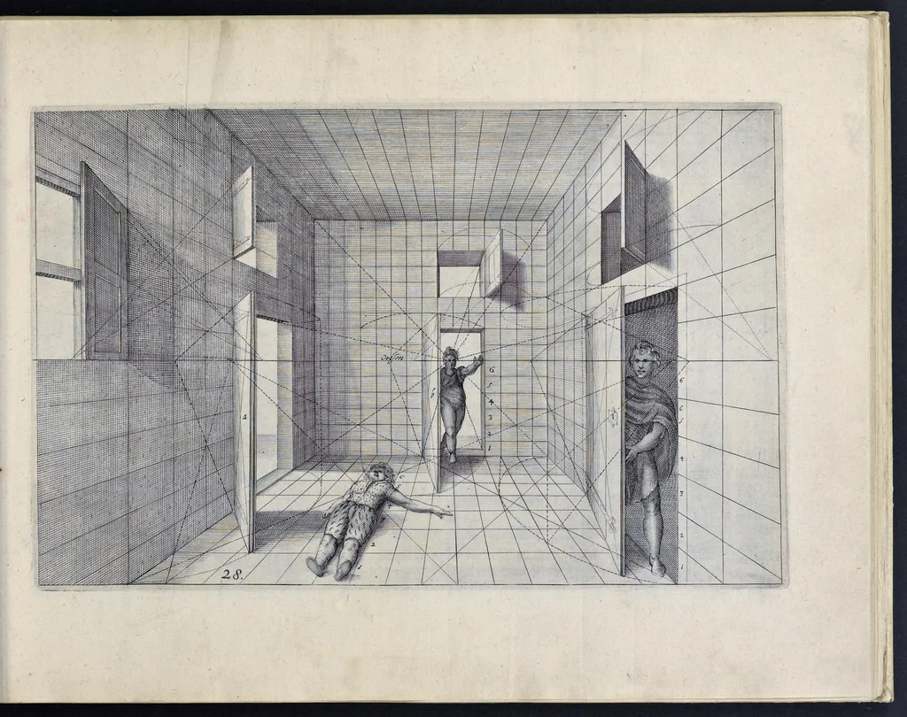 An illustration from Perspective, id est, Celeberrima ars inspicientis aut transpicientis oculorum aciei : in pariete, tabula aut tela depicta, in qua demonstrantur quaedam tam antiqua, quam nova aedificia, templorum, sive aedium, aularum, cubicularum, ambulaciorum, platearum, xystorum, hortorum, fororum, viarum et hujusmodi alia, quae nituntur suis fondamentalibus lineis, quorum fondamentum descriptionibus clare exsplicatur, perutilis ac necessaria, omnibus pictoribus, sculptoribus, statuariis, fabriferrariis, architectis, inventoribus, cæmentariis, scrinariis, fabrilignariis, & omnibus artium amatoribus, qui huic arti operam dare volent, majori cum voluptate, & minori cum labore, 1604, leaf 80
