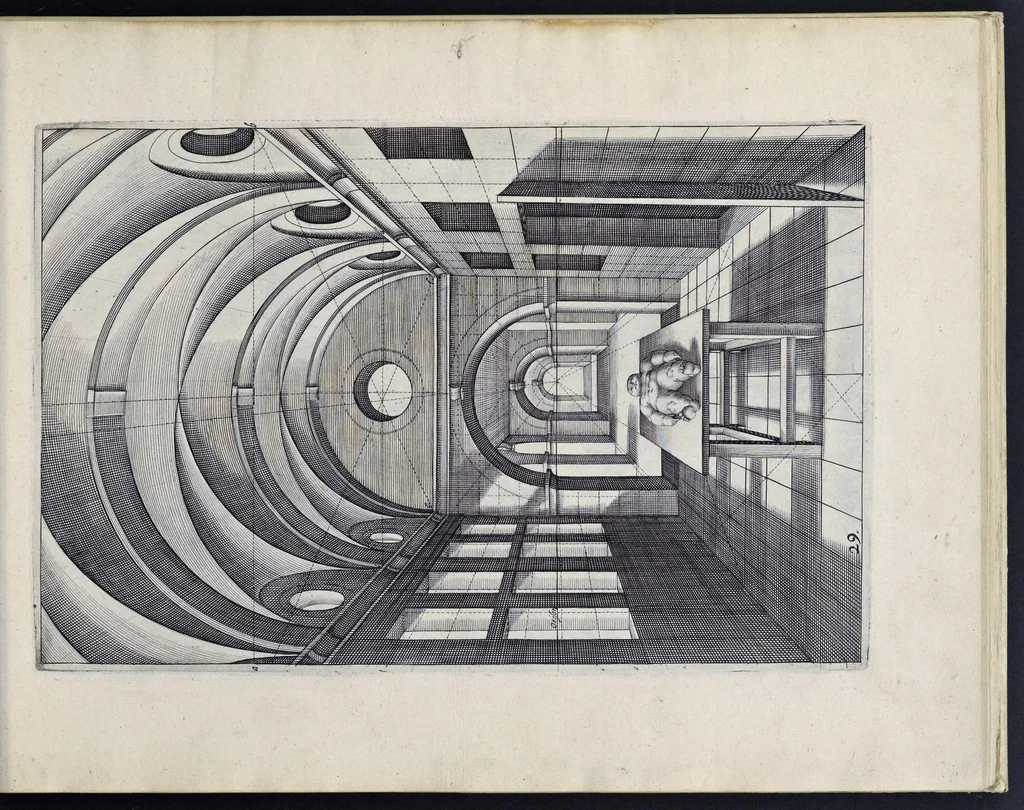 An illustration from Perspective, id est, Celeberrima ars inspicientis aut transpicientis oculorum aciei : in pariete, tabula aut tela depicta, in qua demonstrantur quaedam tam antiqua, quam nova aedificia, templorum, sive aedium, aularum, cubicularum, ambulaciorum, platearum, xystorum, hortorum, fororum, viarum et hujusmodi alia, quae nituntur suis fondamentalibus lineis, quorum fondamentum descriptionibus clare exsplicatur, perutilis ac necessaria, omnibus pictoribus, sculptoribus, statuariis, fabriferrariis, architectis, inventoribus, cæmentariis, scrinariis, fabrilignariis, & omnibus artium amatoribus, qui huic arti operam dare volent, majori cum voluptate, & minori cum labore, 1604, leaf 82