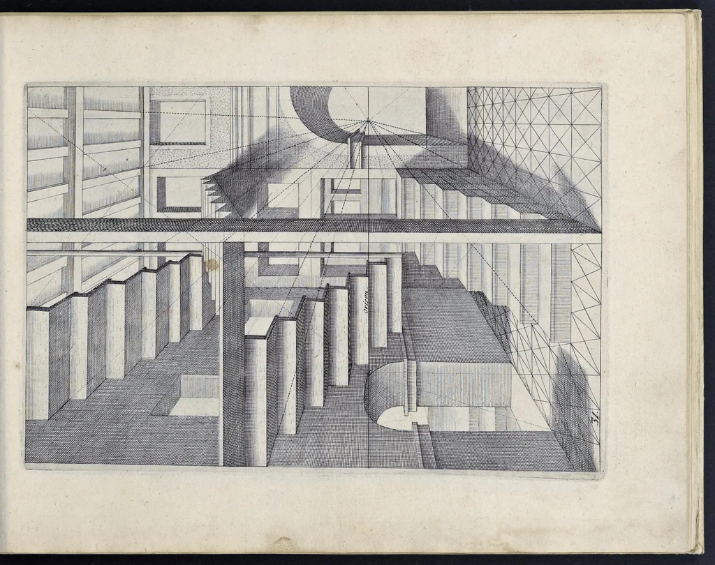 An illustration from Perspective, id est, Celeberrima ars inspicientis aut transpicientis oculorum aciei : in pariete, tabula aut tela depicta, in qua demonstrantur quaedam tam antiqua, quam nova aedificia, templorum, sive aedium, aularum, cubicularum, ambulaciorum, platearum, xystorum, hortorum, fororum, viarum et hujusmodi alia, quae nituntur suis fondamentalibus lineis, quorum fondamentum descriptionibus clare exsplicatur, perutilis ac necessaria, omnibus pictoribus, sculptoribus, statuariis, fabriferrariis, architectis, inventoribus, cæmentariis, scrinariis, fabrilignariis, & omnibus artium amatoribus, qui huic arti operam dare volent, majori cum voluptate, & minori cum labore, 1604, leaf 86