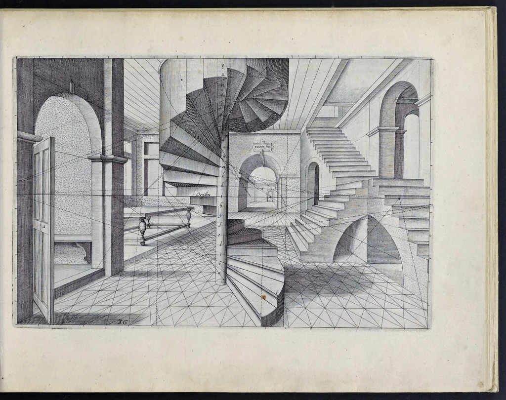 An illustration from Perspective, id est, Celeberrima ars inspicientis aut transpicientis oculorum aciei : in pariete, tabula aut tela depicta, in qua demonstrantur quaedam tam antiqua, quam nova aedificia, templorum, sive aedium, aularum, cubicularum, ambulaciorum, platearum, xystorum, hortorum, fororum, viarum et hujusmodi alia, quae nituntur suis fondamentalibus lineis, quorum fondamentum descriptionibus clare exsplicatur, perutilis ac necessaria, omnibus pictoribus, sculptoribus, statuariis, fabriferrariis, architectis, inventoribus, cæmentariis, scrinariis, fabrilignariis, & omnibus artium amatoribus, qui huic arti operam dare volent, majori cum voluptate, & minori cum labore, 1604, leaf 94