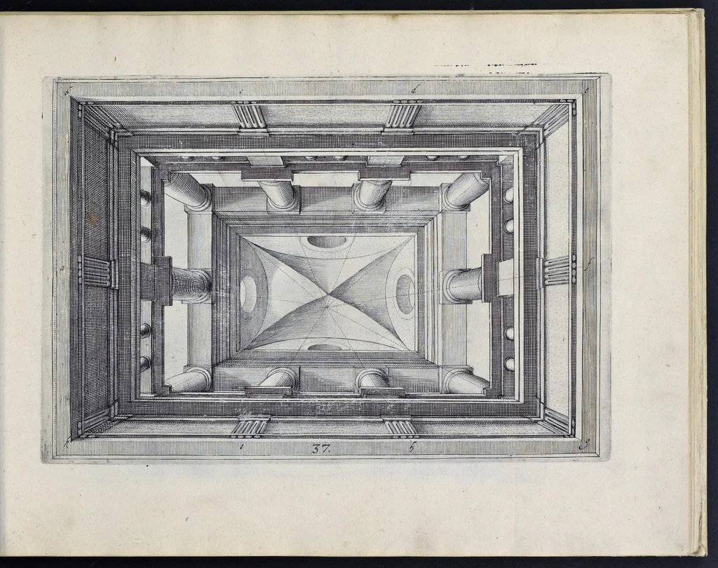 An illustration from Perspective, id est, Celeberrima ars inspicientis aut transpicientis oculorum aciei : in pariete, tabula aut tela depicta, in qua demonstrantur quaedam tam antiqua, quam nova aedificia, templorum, sive aedium, aularum, cubicularum, ambulaciorum, platearum, xystorum, hortorum, fororum, viarum et hujusmodi alia, quae nituntur suis fondamentalibus lineis, quorum fondamentum descriptionibus clare exsplicatur, perutilis ac necessaria, omnibus pictoribus, sculptoribus, statuariis, fabriferrariis, architectis, inventoribus, cæmentariis, scrinariis, fabrilignariis, & omnibus artium amatoribus, qui huic arti operam dare volent, majori cum voluptate, & minori cum labore, 1604, leaf 96