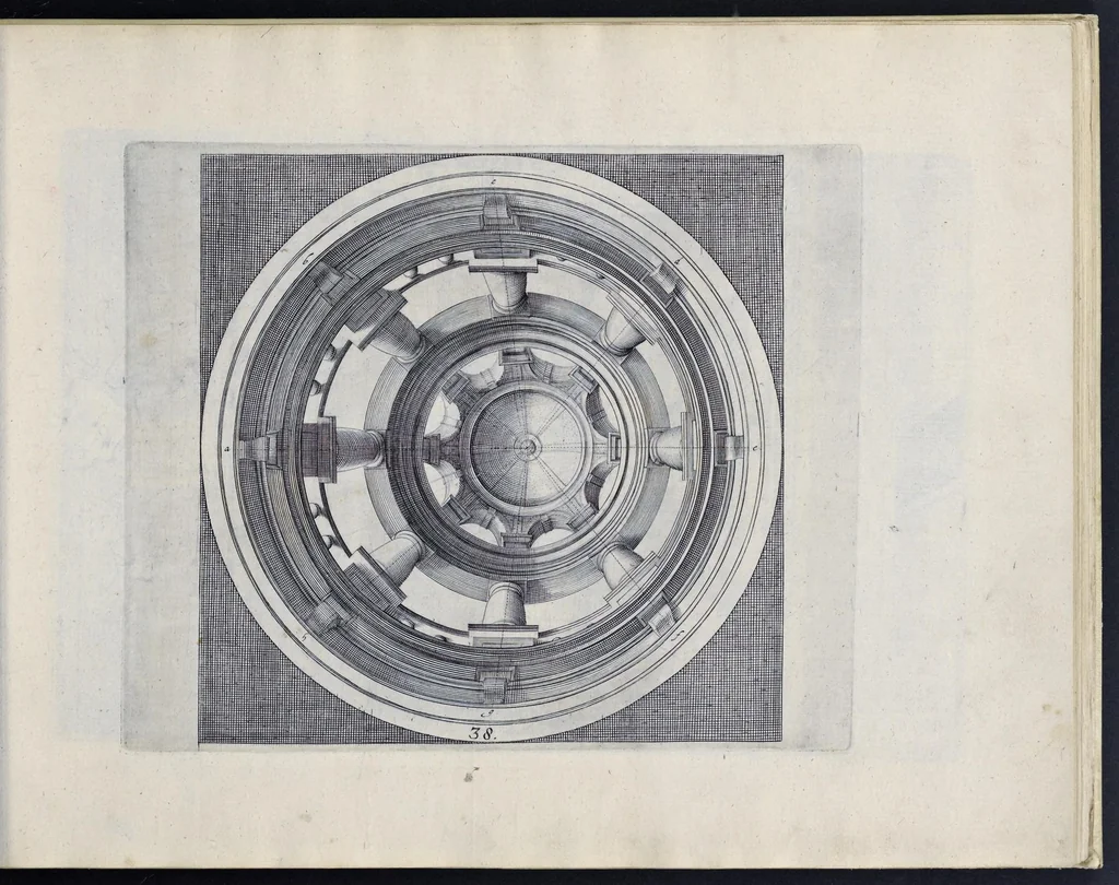 An illustration from Perspective, id est, Celeberrima ars inspicientis aut transpicientis oculorum aciei : in pariete, tabula aut tela depicta, in qua demonstrantur quaedam tam antiqua, quam nova aedificia, templorum, sive aedium, aularum, cubicularum, ambulaciorum, platearum, xystorum, hortorum, fororum, viarum et hujusmodi alia, quae nituntur suis fondamentalibus lineis, quorum fondamentum descriptionibus clare exsplicatur, perutilis ac necessaria, omnibus pictoribus, sculptoribus, statuariis, fabriferrariis, architectis, inventoribus, cæmentariis, scrinariis, fabrilignariis, & omnibus artium amatoribus, qui huic arti operam dare volent, majori cum voluptate, & minori cum labore, 1604, leaf 98