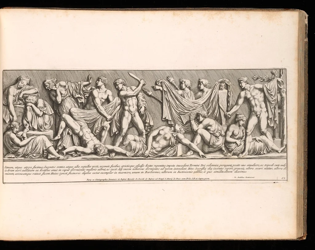 An illustration from Admiranda Romanarum antiquitatum ac veteris sculpturae vestigia : anaglyphico opere elaborata ex marmoreis exemplaribus quae Romae adhuc extant in Capitolio, aedibus hortisque virorum principum ad antiquam elegantiam, 1693, leaf 108