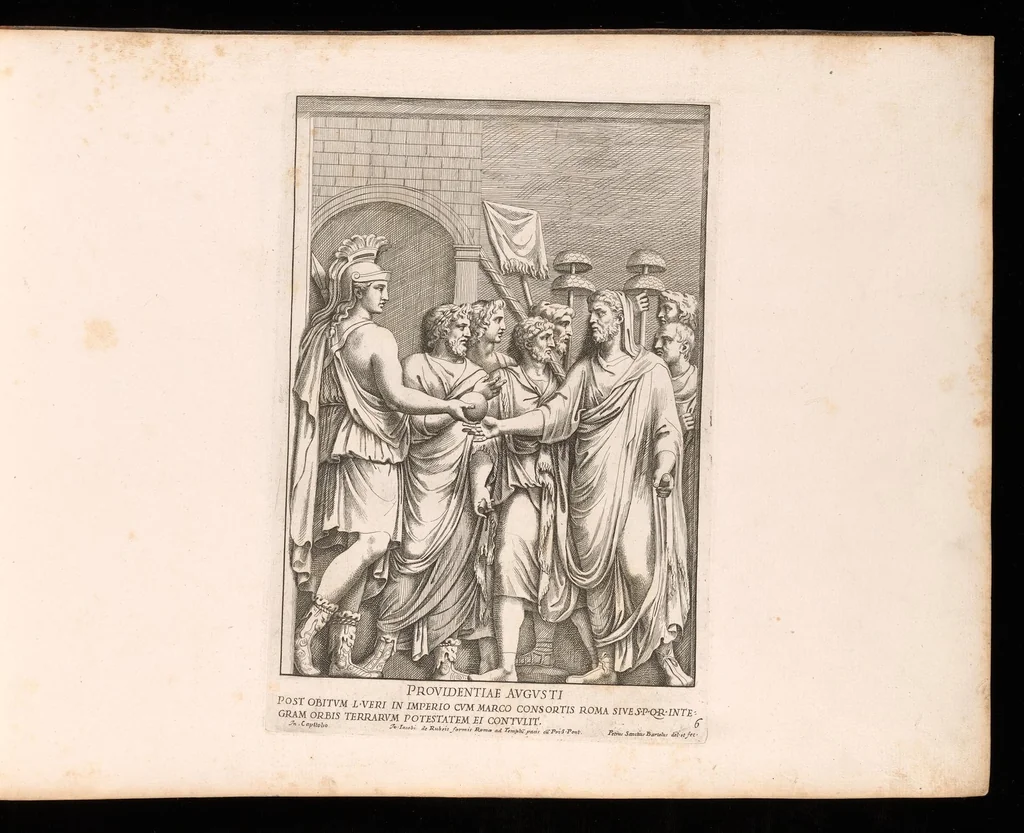 An illustration from Admiranda Romanarum antiquitatum ac veteris sculpturae vestigia : anaglyphico opere elaborata ex marmoreis exemplaribus quae Romae adhuc extant in Capitolio, aedibus hortisque virorum principum ad antiquam elegantiam, 1693, leaf 16