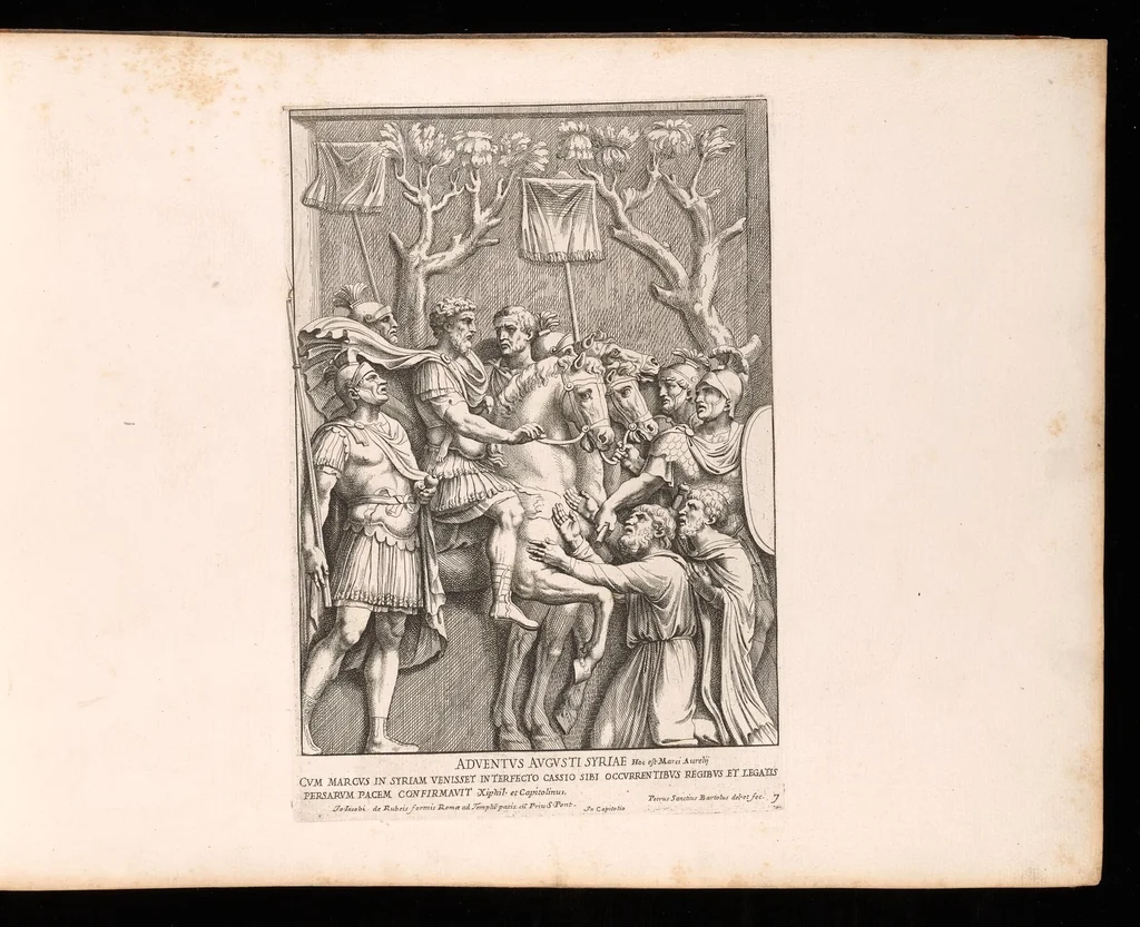 An illustration from Admiranda Romanarum antiquitatum ac veteris sculpturae vestigia : anaglyphico opere elaborata ex marmoreis exemplaribus quae Romae adhuc extant in Capitolio, aedibus hortisque virorum principum ad antiquam elegantiam, 1693, leaf 18