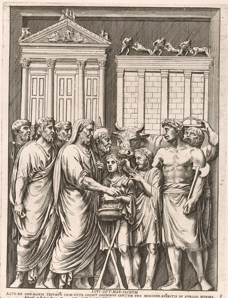 An illustration from Admiranda Romanarum antiquitatum ac veteris sculpturae vestigia : anaglyphico opere elaborata ex marmoreis exemplaribus quae Romae adhuc extant in Capitolio, aedibus hortisque virorum principum ad antiquam elegantiam, 1693, leaf 22
