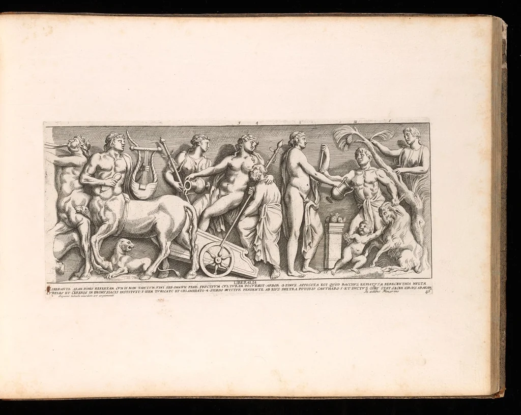 An illustration from Admiranda Romanarum antiquitatum ac veteris sculpturae vestigia : anaglyphico opere elaborata ex marmoreis exemplaribus quae Romae adhuc extant in Capitolio, aedibus hortisque virorum principum ad antiquam elegantiam, 1693, leaf 96