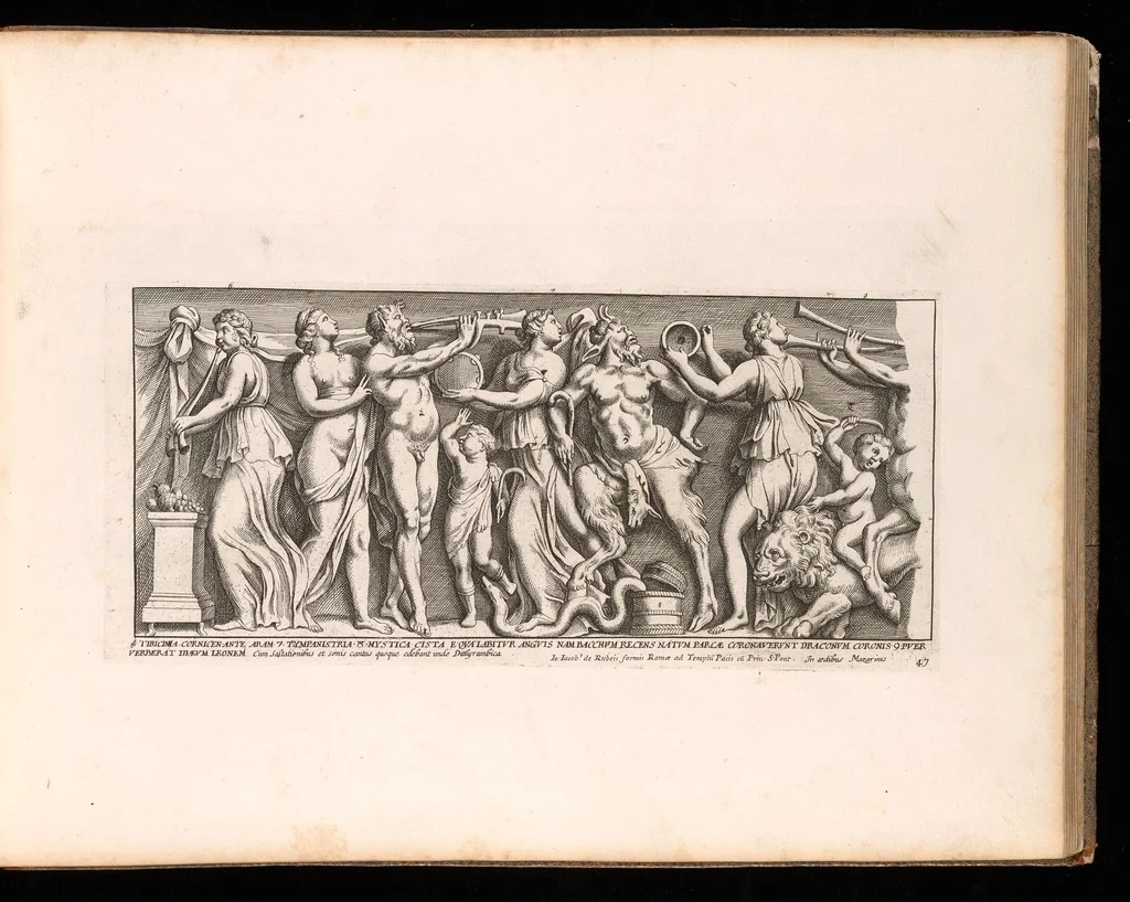 An illustration from Admiranda Romanarum antiquitatum ac veteris sculpturae vestigia : anaglyphico opere elaborata ex marmoreis exemplaribus quae Romae adhuc extant in Capitolio, aedibus hortisque virorum principum ad antiquam elegantiam, 1693, leaf 98