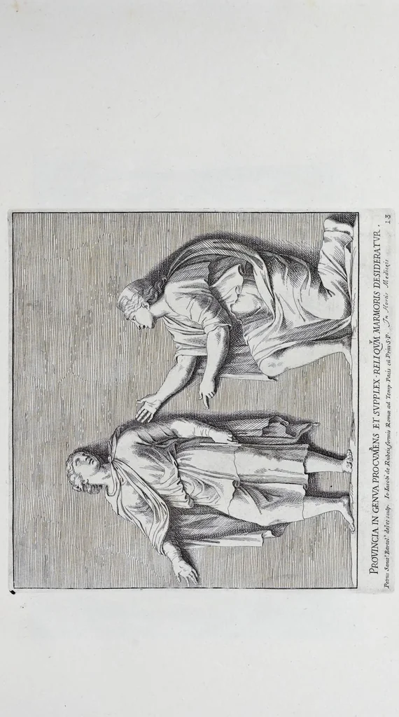 An illustration from Admiranda Romanarum antiquitatum ac veteris sculpturae vestigia : anaglyphico opere elaborata ex marmoreis exemplaribus quae Romae adhuc extant in Capitolio, aedibus hortisque virorum principum ad antiquam elegantiam, 1693, leaf 28