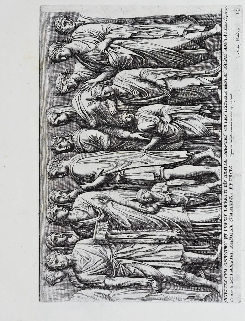 An illustration from Admiranda Romanarum antiquitatum ac veteris sculpturae vestigia : anaglyphico opere elaborata ex marmoreis exemplaribus quae Romae adhuc extant in Capitolio, aedibus hortisque virorum principum ad antiquam elegantiam, 1693, leaf 30
