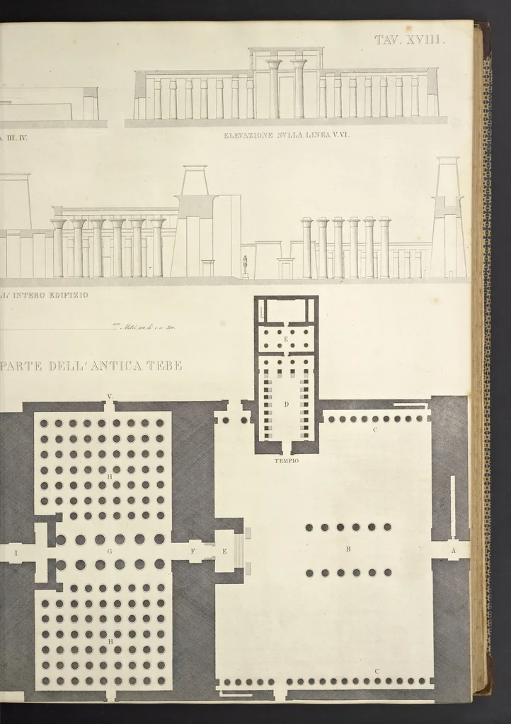 An illustration from L'architettura antica descritta e dimostrata coi monumenti ... : opera divisa in tre sezioni risguardanti la storia, la teorica, e le pratiche dell' architettura egiziana, greca e romana, 1830, leaf 54