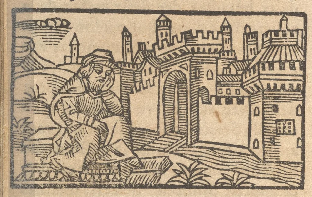 An illustration from Le catalogve des villes et citez assises es trois Gavles : auec le bastiment, erection, & fondation d'icelles : plus vn traicté de la proprieté des bains, fleuues, & fontaines admirables, 1575, leaf 103
