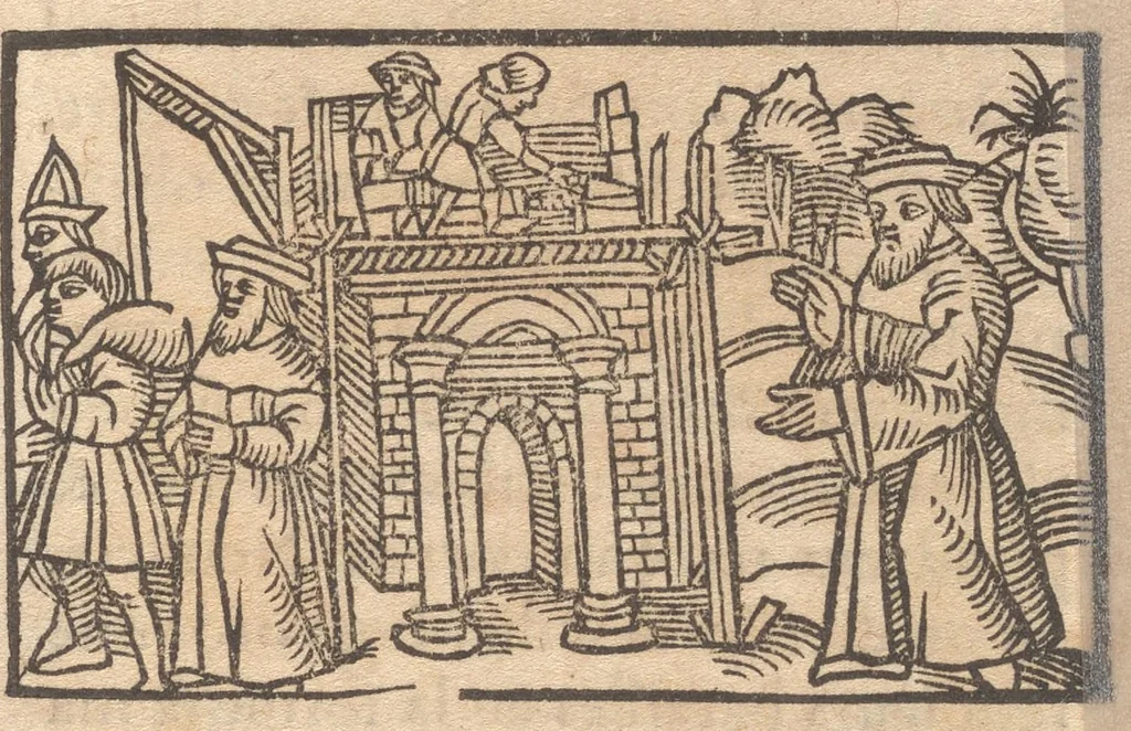 An illustration from Le catalogve des villes et citez assises es trois Gavles : auec le bastiment, erection, & fondation d'icelles : plus vn traicté de la proprieté des bains, fleuues, & fontaines admirables, 1575, leaf 110