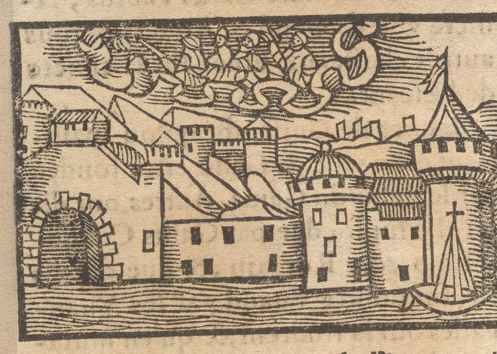 An illustration from Le catalogve des villes et citez assises es trois Gavles : auec le bastiment, erection, & fondation d'icelles : plus vn traicté de la proprieté des bains, fleuues, & fontaines admirables, 1575, leaf 117