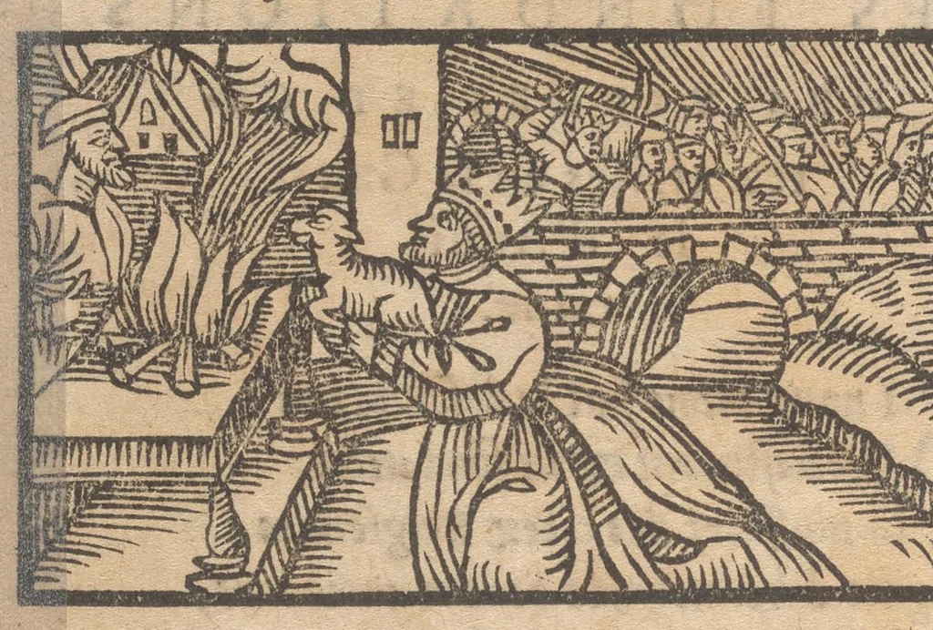 An illustration from Le catalogve des villes et citez assises es trois Gavles : auec le bastiment, erection, & fondation d'icelles : plus vn traicté de la proprieté des bains, fleuues, & fontaines admirables, 1575, leaf 129