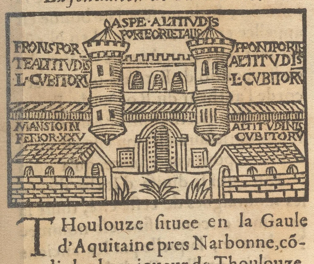 An illustration from Le catalogve des villes et citez assises es trois Gavles : auec le bastiment, erection, & fondation d'icelles : plus vn traicté de la proprieté des bains, fleuues, & fontaines admirables, 1575, leaf 131
