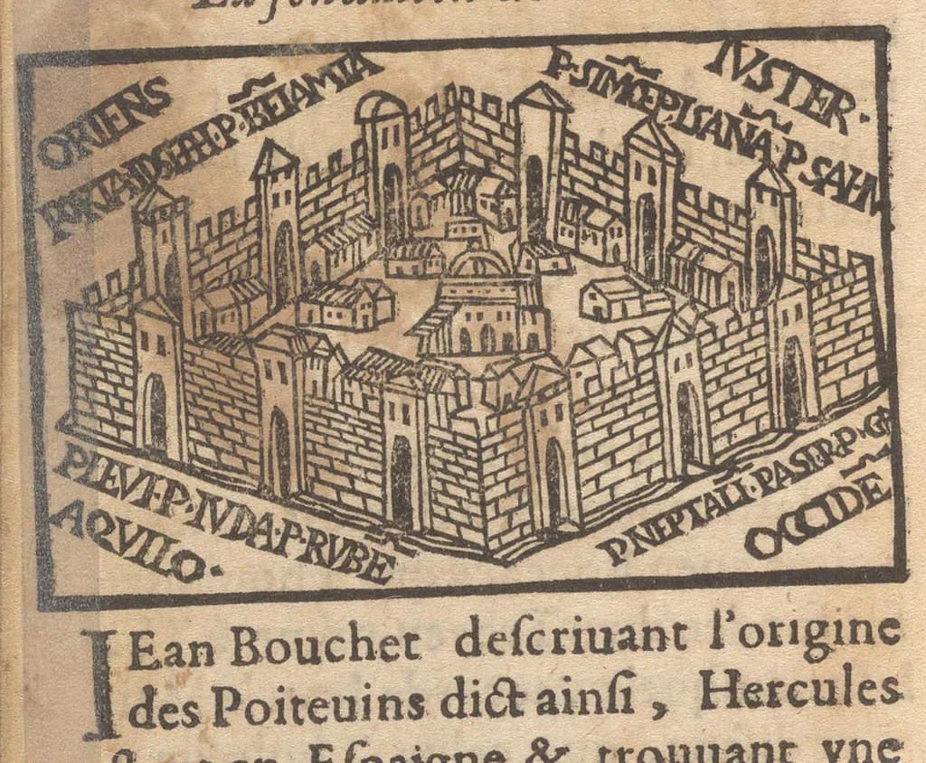 An illustration from Le catalogve des villes et citez assises es trois Gavles : auec le bastiment, erection, & fondation d'icelles : plus vn traicté de la proprieté des bains, fleuues, & fontaines admirables, 1575, leaf 133
