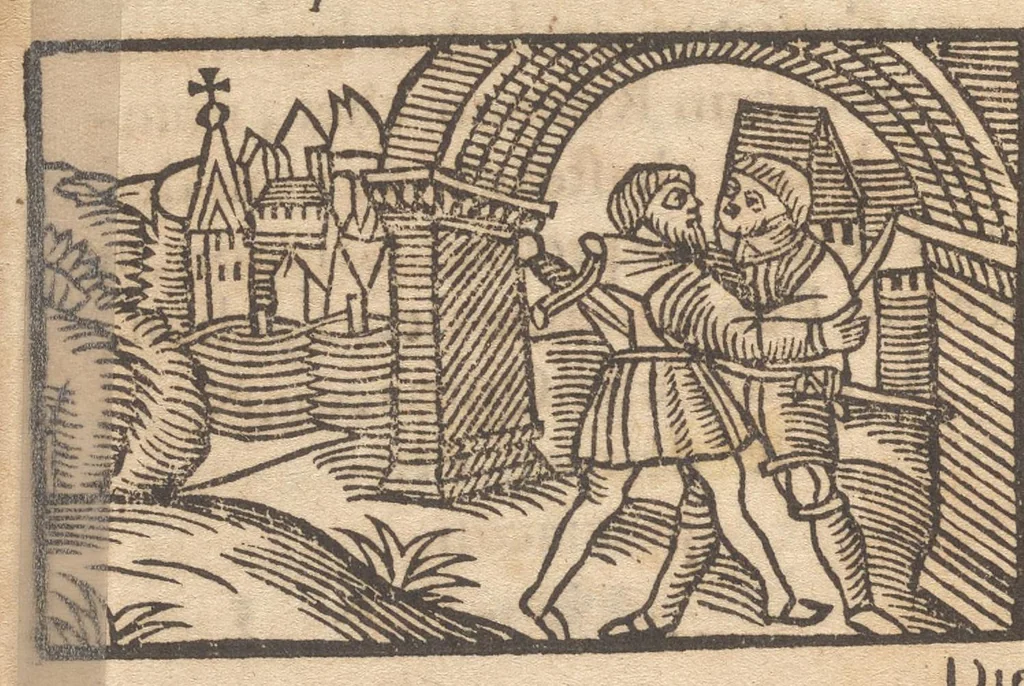 An illustration from Le catalogve des villes et citez assises es trois Gavles : auec le bastiment, erection, & fondation d'icelles : plus vn traicté de la proprieté des bains, fleuues, & fontaines admirables, 1575, leaf 151
